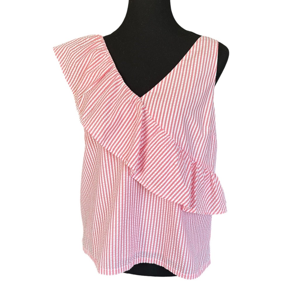 Vineyard Vines Seersucker Ruffle Shoulder Top in Neon Watermelon, Size 10,Luxury